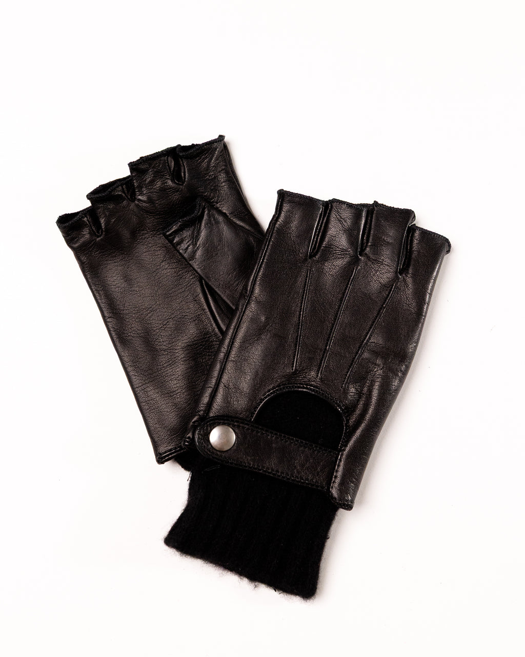 Men's Half-Finger Gloves in Black Nappa Leather with Wool Cuff