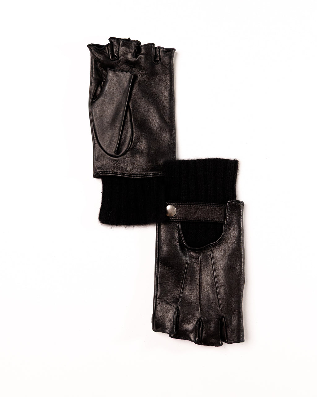 Men's Half-Finger Gloves in Black Nappa Leather with Wool Cuff
